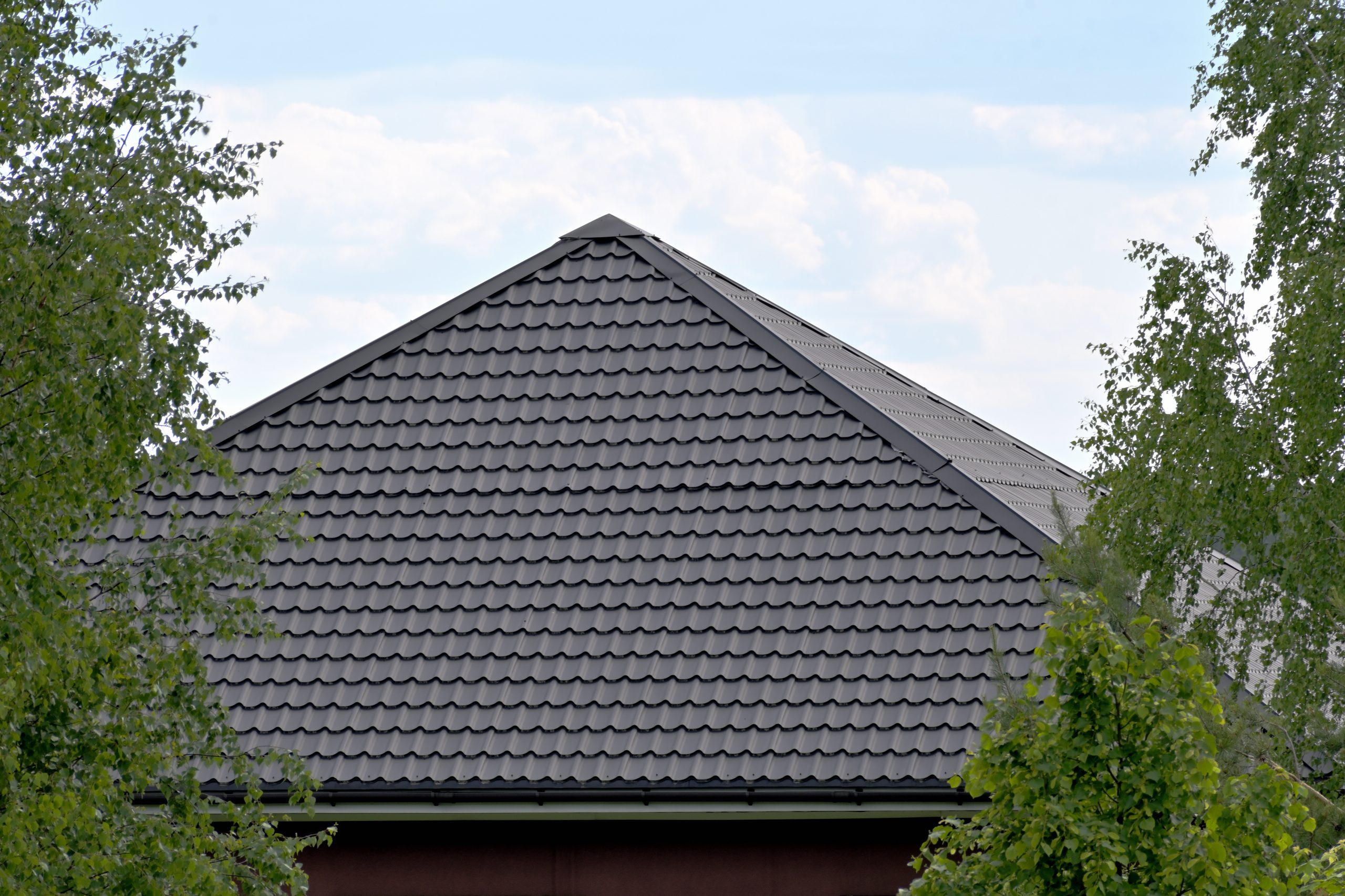 The image shows a house with a peaked roof covered in dark, textured roofing tiles. The roof is framed by green trees on either side, and the sky is partly cloudy in the background.