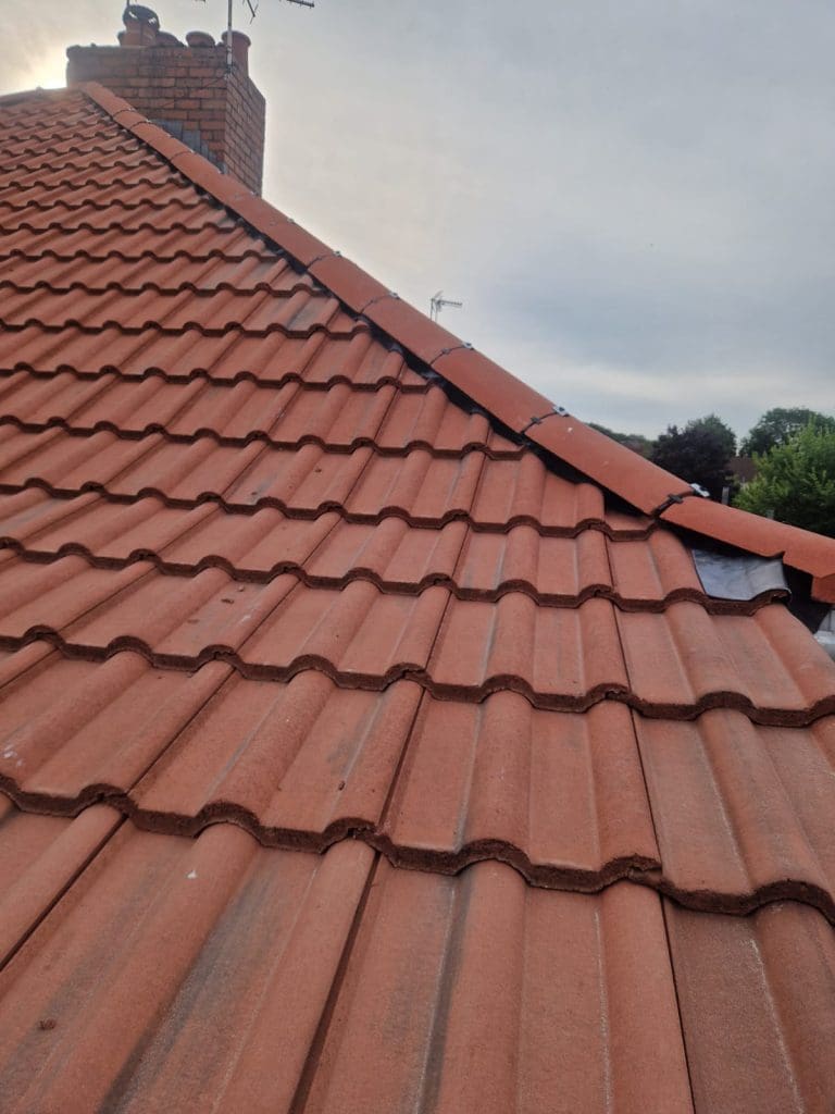 A sloped red-tiled roof with a chimney is shown under a cloudy sky, with trees visible in the background. The ridge and tiles are neatly aligned.